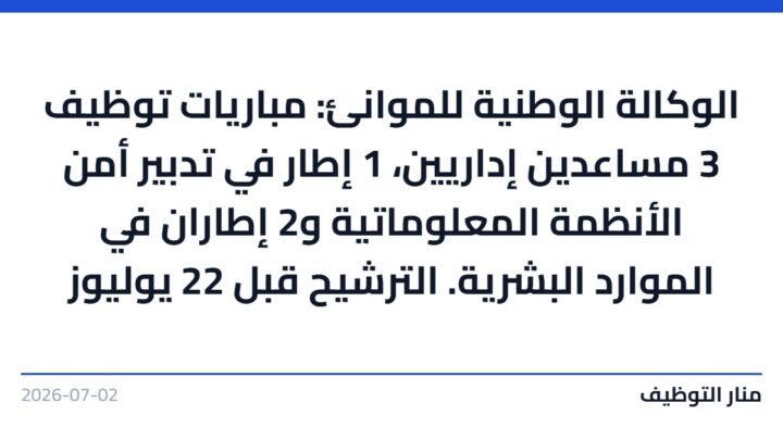 الوكالة الوطنية للموانئ: مباريات توظيف 3 مساعدين إداريين، 1 إطار في تدبير أمن الأنظمة المعلوماتية و2 إطاران في الموارد البشرية. الترشيح قبل 22 يوليوز